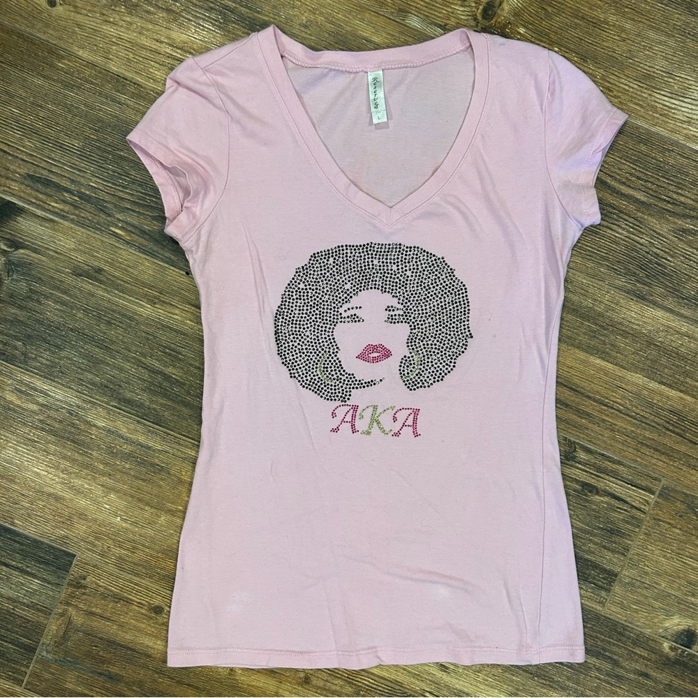 AKA Rhinestone Pink V-Neck Tee Shirt | Size L